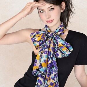 Colorful Floral Neck Scarf Hair Scarf Purse Scarf Purple Gold Turquoise 58”